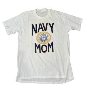 Vintage 90s Stedman White Crewneck T-Shirt Navy Mom Graphic Single Stitch